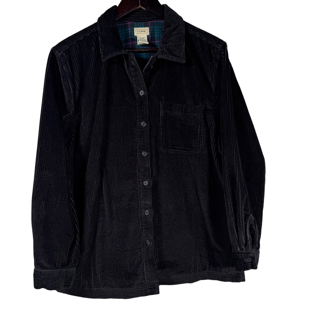 L.L.Bean Women's Corduroy Button Front Shirt Jacket Teal Plaid Lined Size M